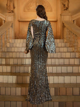 Cape Sleeve Slit V-neck Sequin Prom Dress